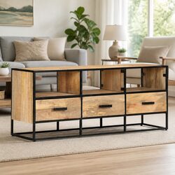 Reliable Brown Mango Wood TV Cabinet with Iron Frame