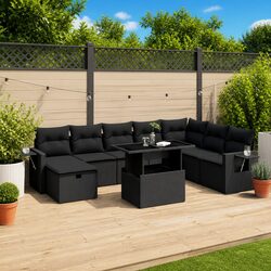 Comfortable 9-Piece Black Garden Sofa Set with Cushions