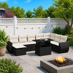 Comfortable 9 Piece Black Garden Sofa Set with Cushions