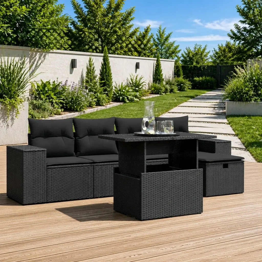 Garden Sofa Set 6 Piece Outdoor Furniture Modular Black PE Rattan