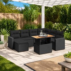 Comfortable 8 Piece Black Garden Sofa Set with Cushions