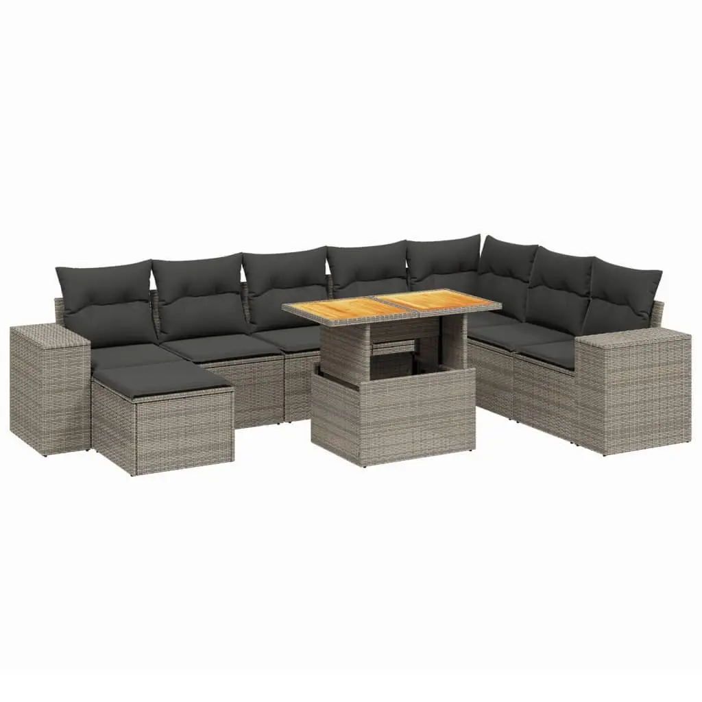 9 Piece Outdoor Garden Sofa Set with Cushions Grey Poly Rattan Furniture Patio