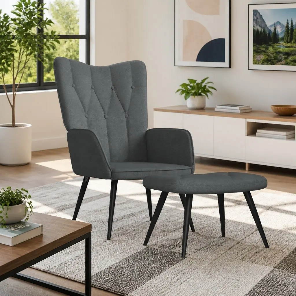 Armchair Lounge Chair Dark Grey Fabric with Stool