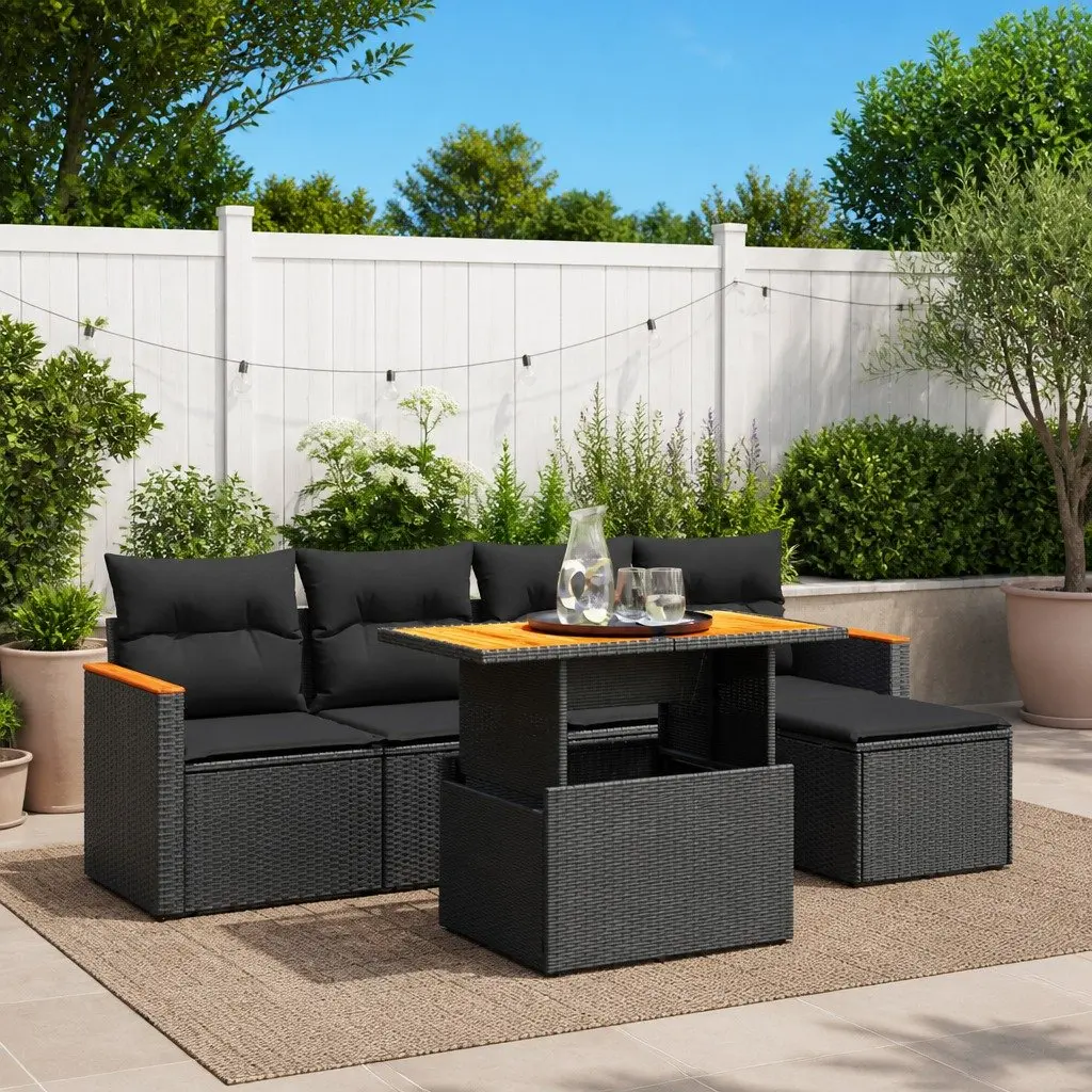 Garden Sofa Set Outdoor Furniture 6 Piece Modular Patio Lounge Black Poly Rattan