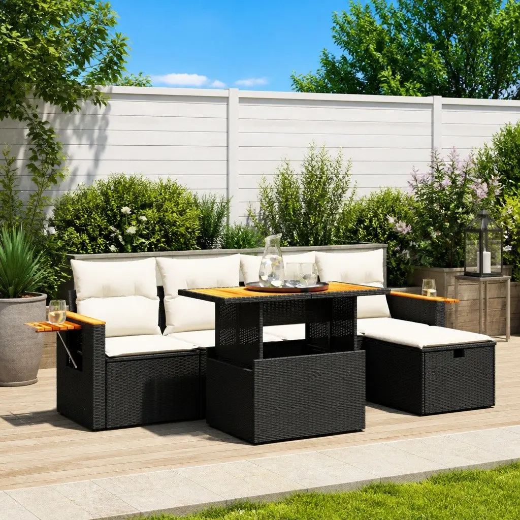 6 Piece Garden Sofa Set Outdoor Patio Furniture Black Poly Rattan with Cushions