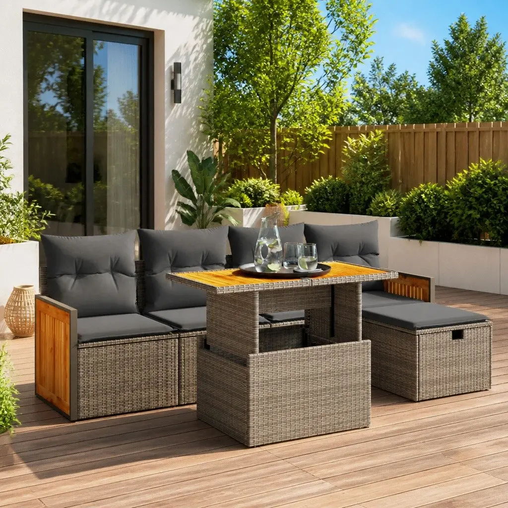 Garden Sofa Set 6 Piece Outdoor Furniture Grey Poly Rattan Modular Patio Lounge