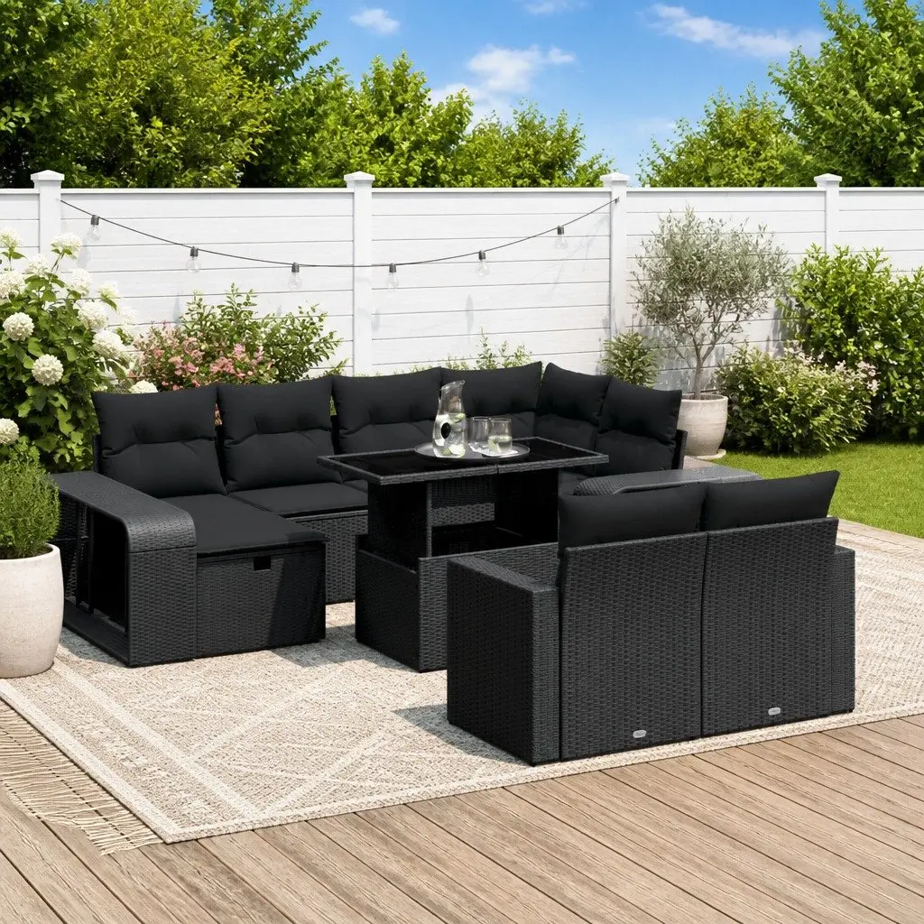 11 Piece Black Patio Furniture Set for Outdoor Garden Sofa with Cushions and Adjustable Table