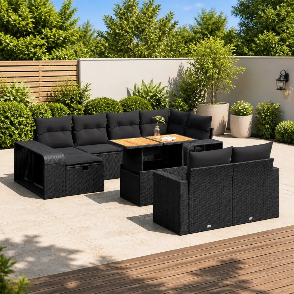 11-Piece Black Poly Rattan Sofa Set