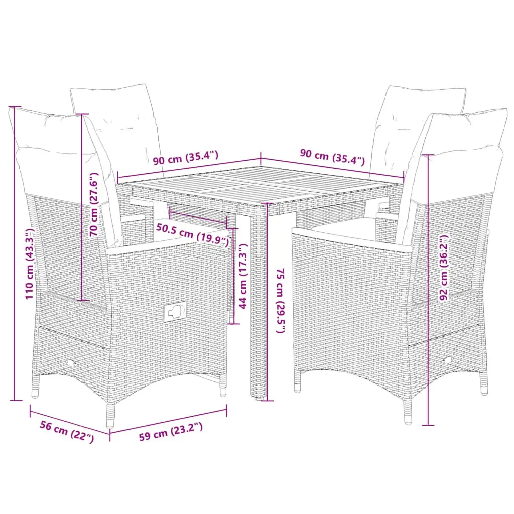 Garden Dining Set 5 Piece Outdoor Furniture Grey PE Rattan Acacia Wood Table and Cushions
