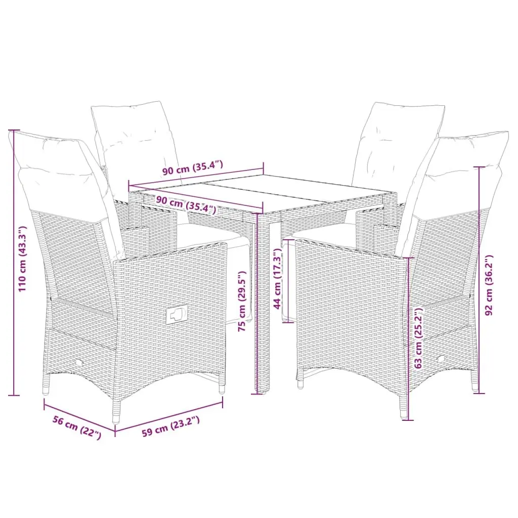 Garden Dining Set 5 Piece Outdoor Furniture Patio Rattan Chairs Table Cushions Black