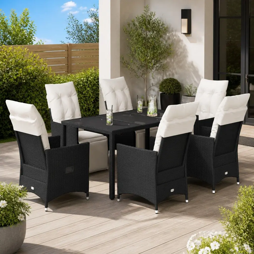 Garden Dining Set 7 Piece Outdoor Entertaining Black PE Rattan Furniture with Cushions