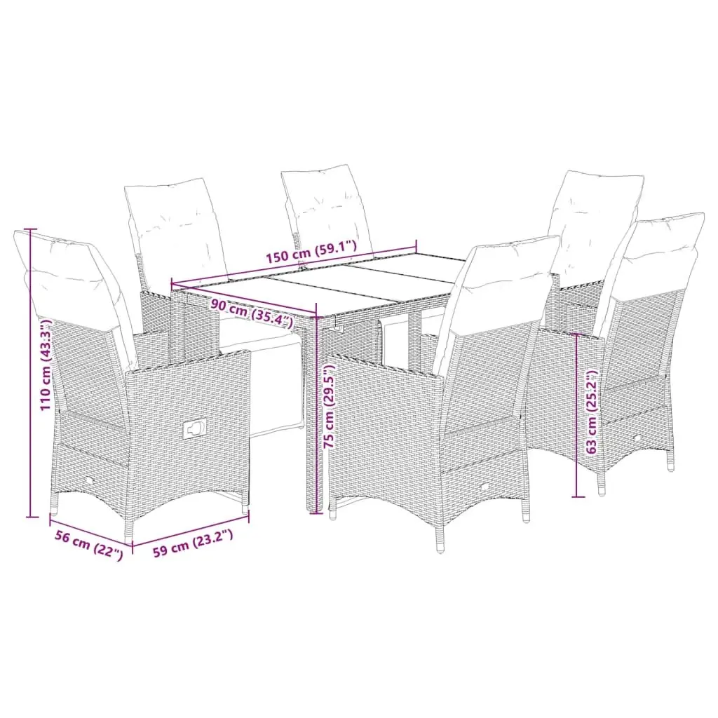 Garden Dining Set 7 Piece Outdoor Entertaining Black PE Rattan Furniture with Cushions