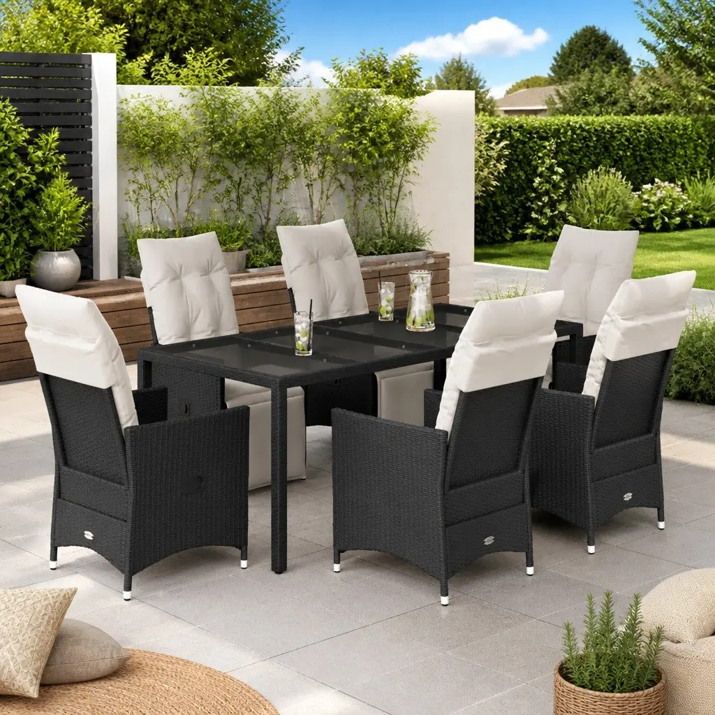 Garden Dining Set 7 Piece Outdoor Furniture Rattan Patio Chairs Table Cushions Black