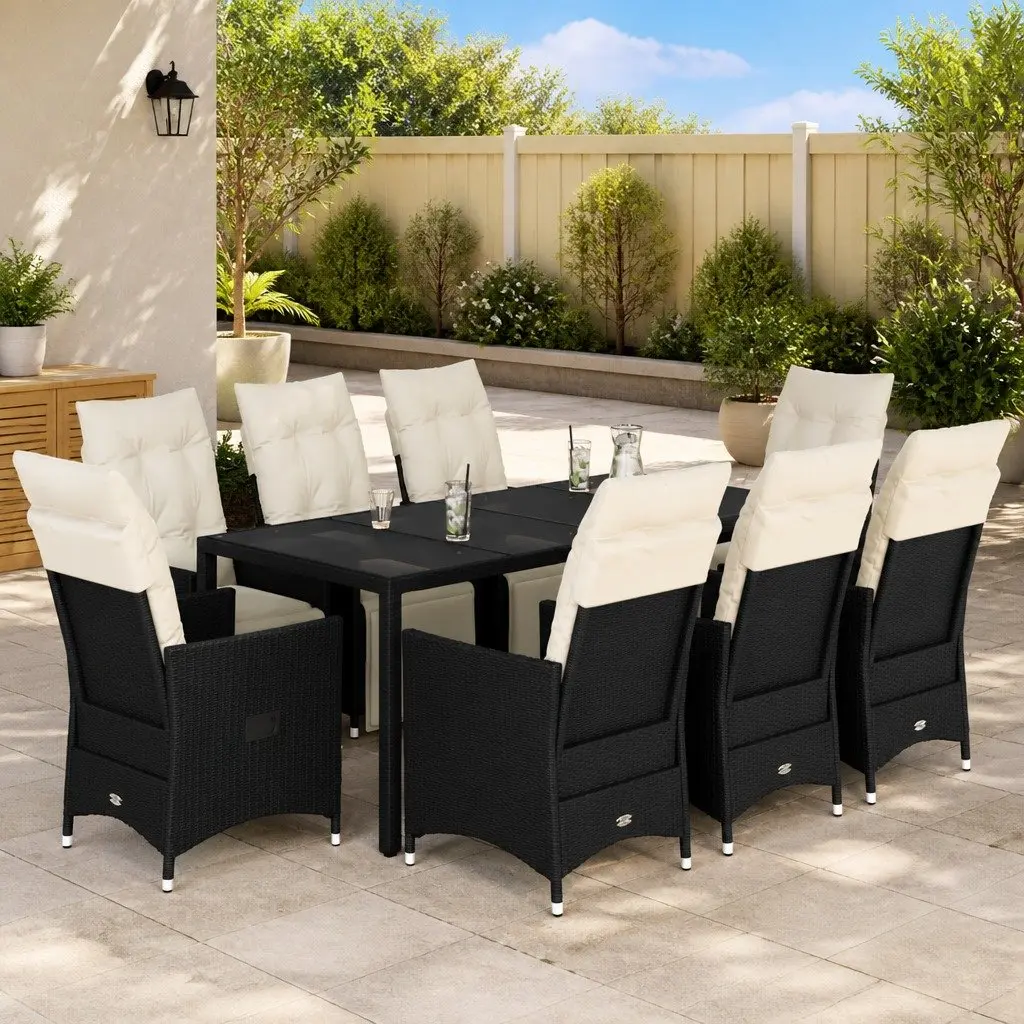 Garden Dining Set 9 Piece Outdoor Furniture Black PE Rattan Table Chairs Cushions