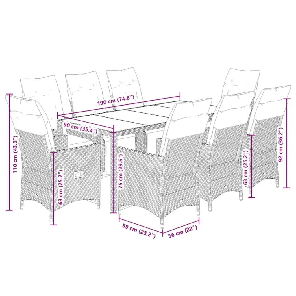 Garden Dining Set 9 Piece Outdoor Furniture Black PE Rattan Table Chairs Cushions