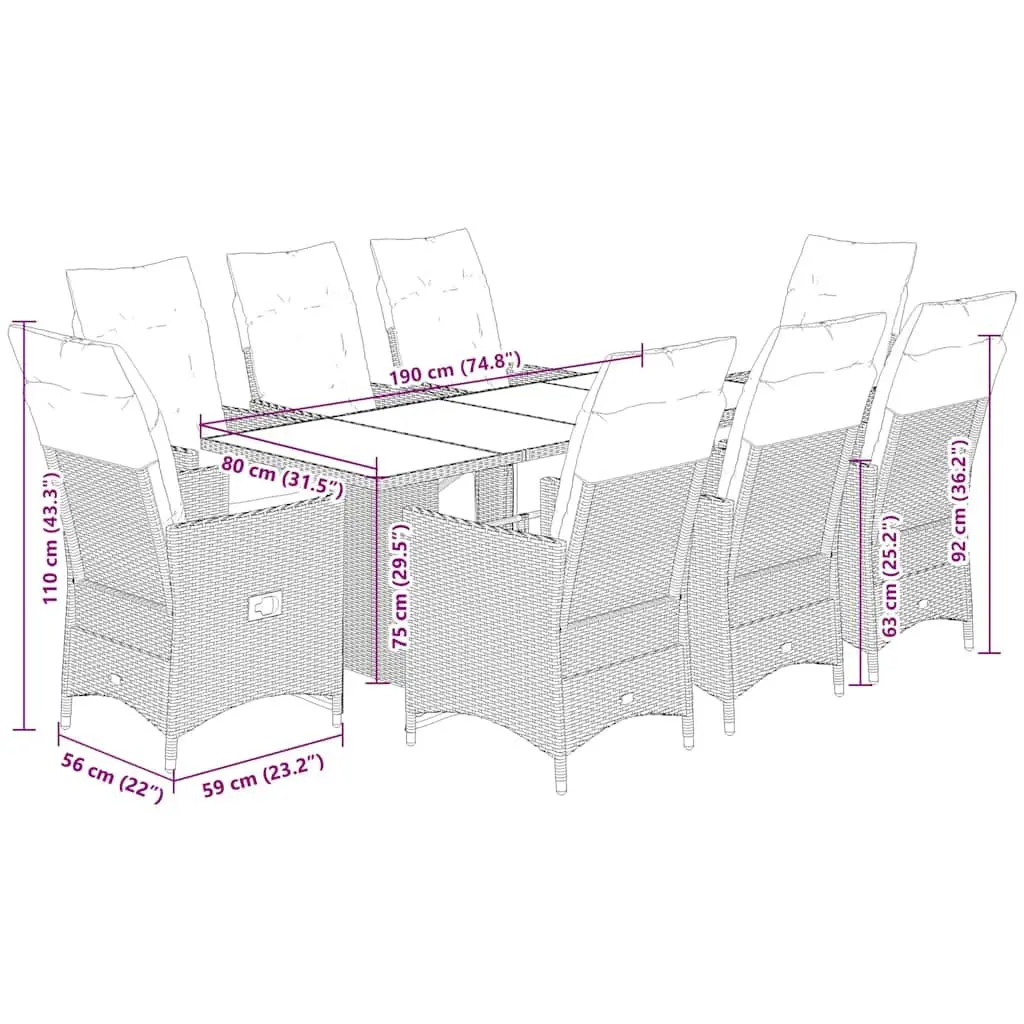Garden Bistro Set 9 Piece Outdoor Furniture Grey Poly Rattan Adjustable Cushions