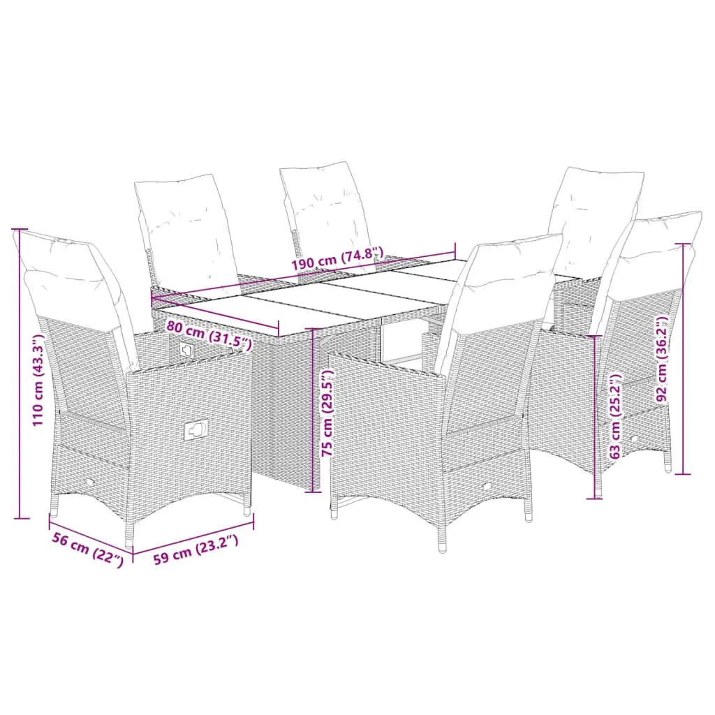 7 Piece Outdoor Bistro Set Grey Rattan Patio Furniture with Cushions and Glass Table