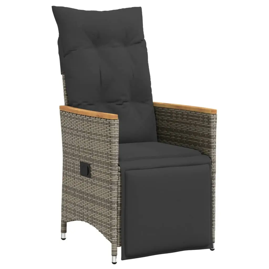 5 Piece Outdoor Bistro Set Grey Poly Rattan with Cushions Acacia Wood Table and Adjustable Seating