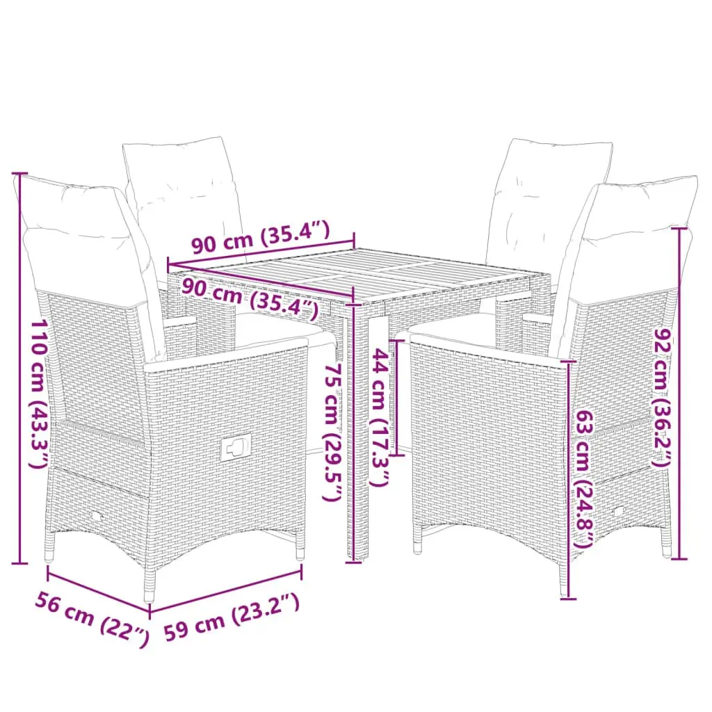 5 Piece Outdoor Bistro Set Grey Poly Rattan with Cushions Acacia Wood Table and Adjustable Seating