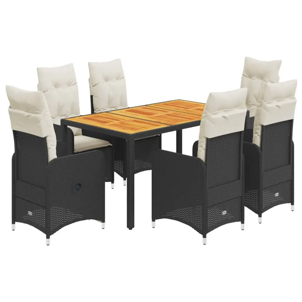 7 Piece Garden Bistro Set Outdoor Furniture Adjustable Backrest Cushions Black Poly Rattan