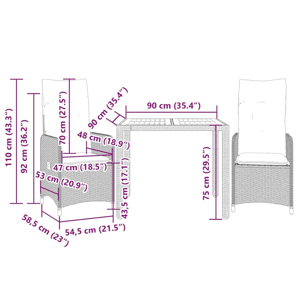 3 Piece Outdoor Bistro Set with Cushions