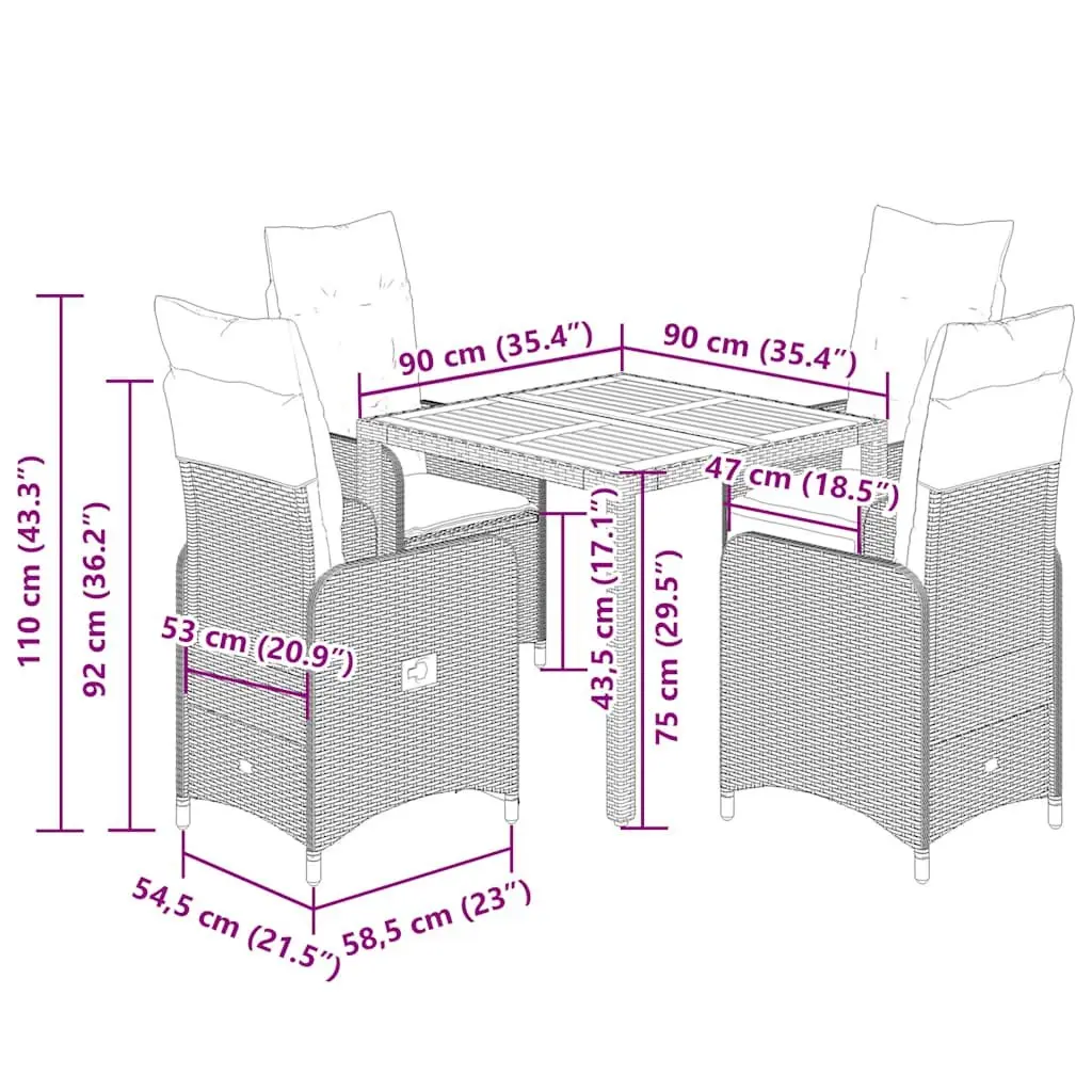 5 Piece Grey Outdoor Bistro Set Garden Furniture with Cushions PE Rattan