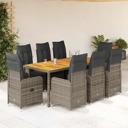9 Piece Garden Bistro Set Outdoor Furniture with Cushions Grey Poly Rattan