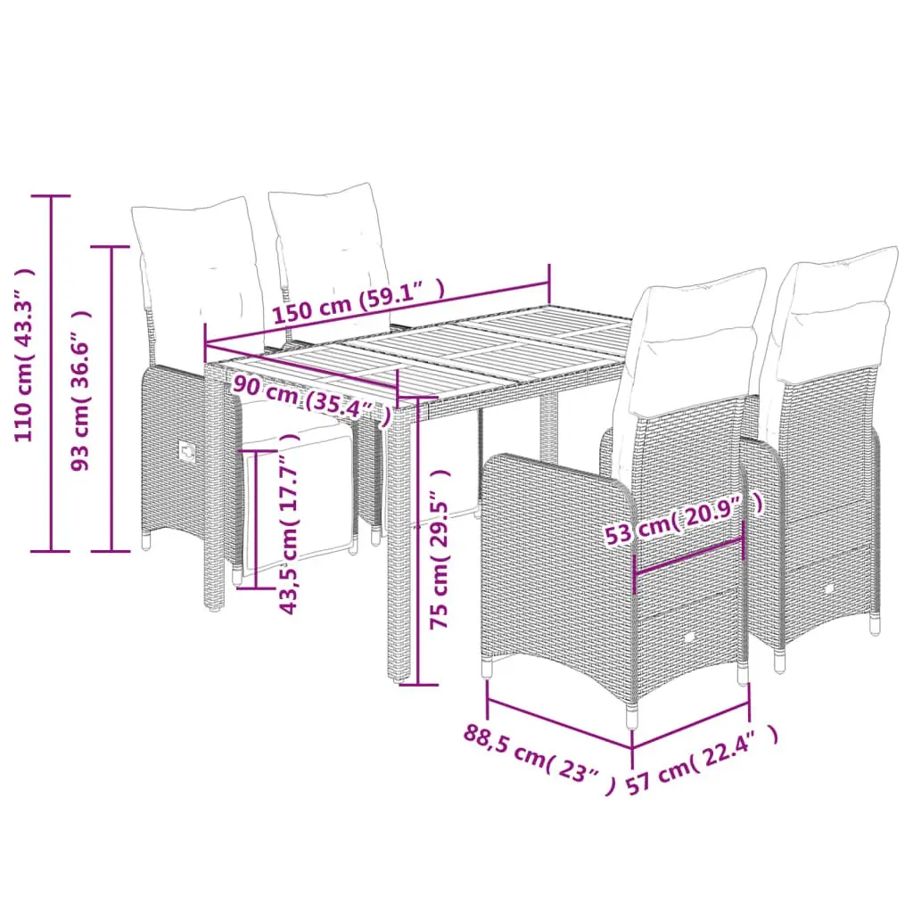 5 Piece Garden Bistro Set Outdoor Furniture Black Poly Rattan with Cushions