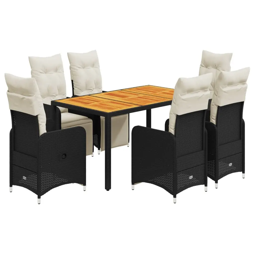 7 Piece Garden Bistro Set Outdoor Furniture Black Poly Rattan with Cushions
