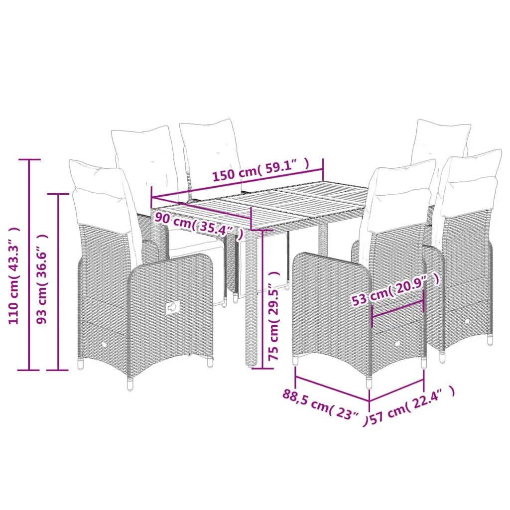 7 Piece Garden Bistro Set Outdoor Furniture Black Poly Rattan with Cushions