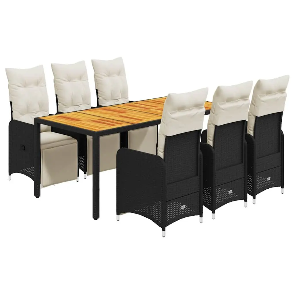 7 Piece Garden Bistro Set Outdoor Furniture Black Poly Rattan with Cushions