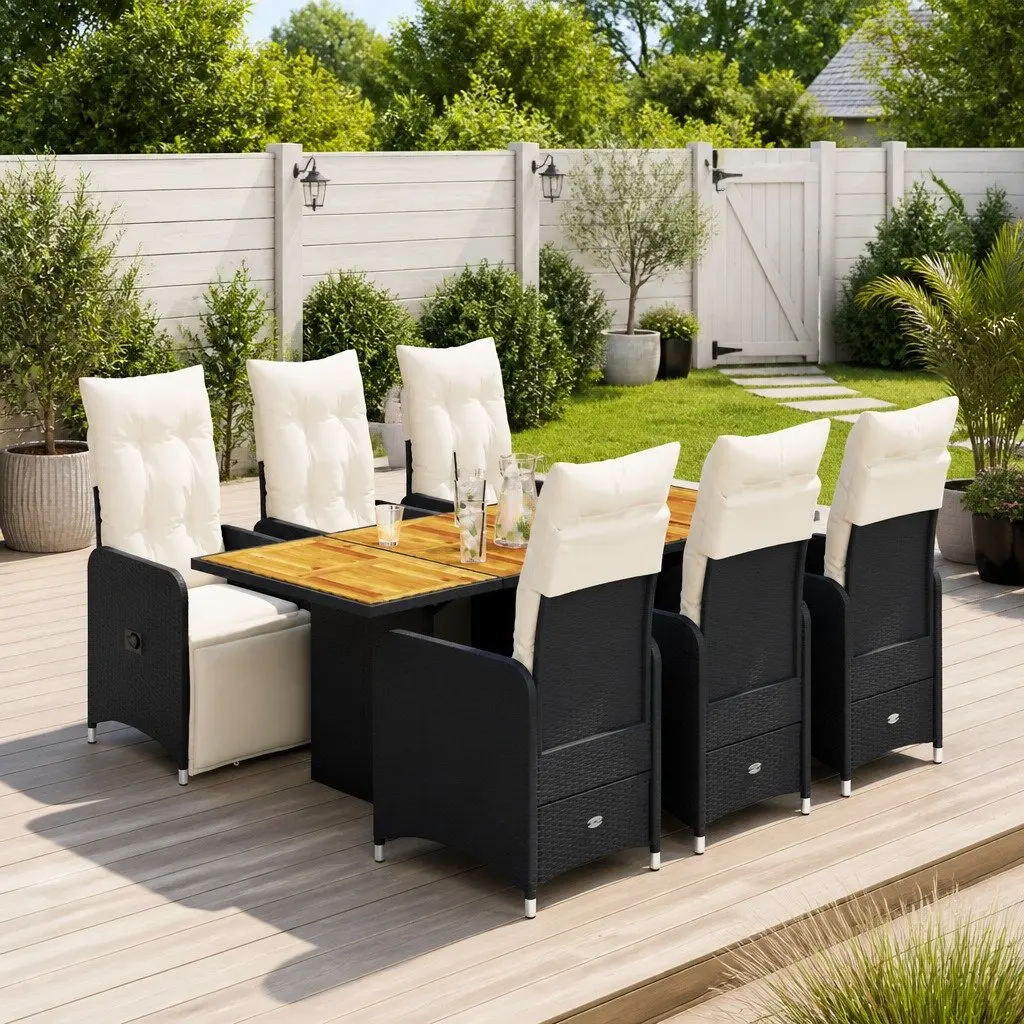 7 Piece Garden Bistro Set Outdoor Dining Furniture Black Rattan