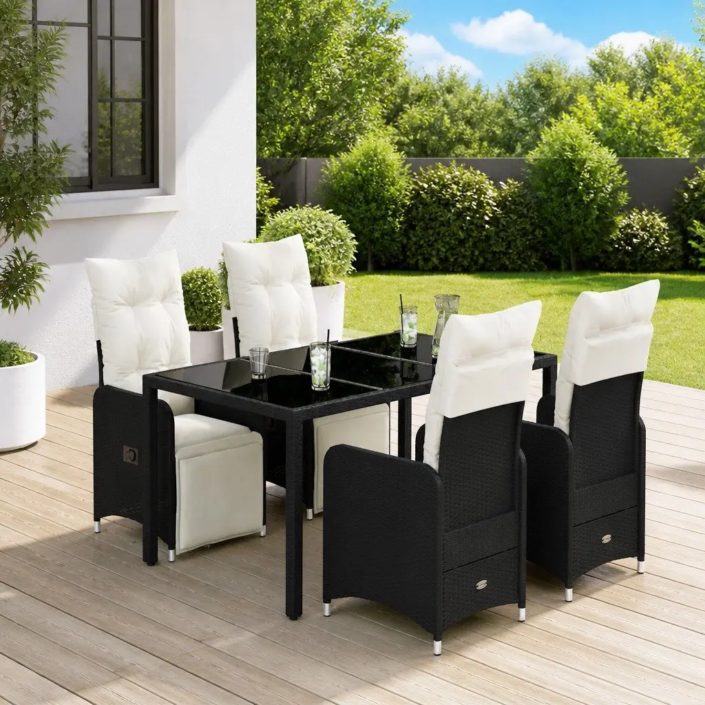 Garden Bistro Set 5 Piece Outdoor Furniture Black Poly Rattan Cushioned Seating