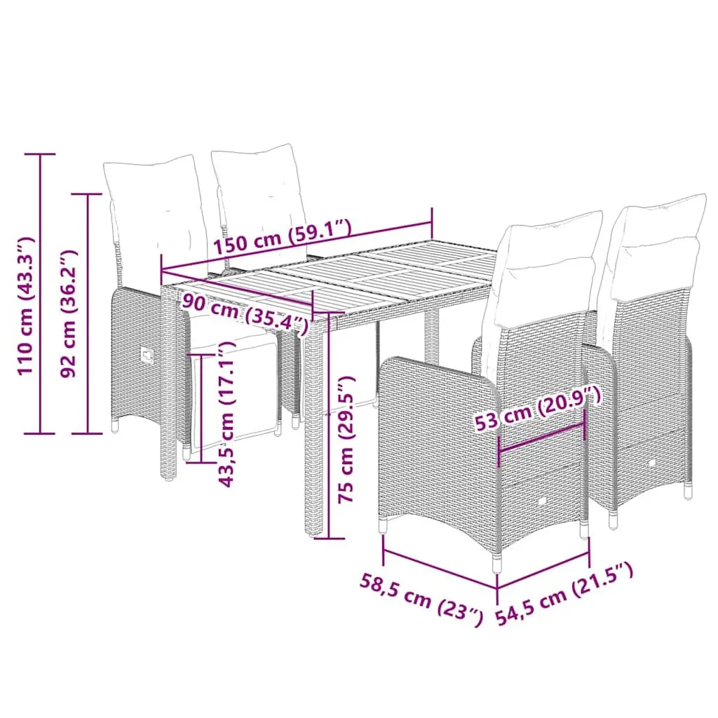 Garden Bistro Set 5 Piece Outdoor Furniture Black Poly Rattan Cushioned Seating