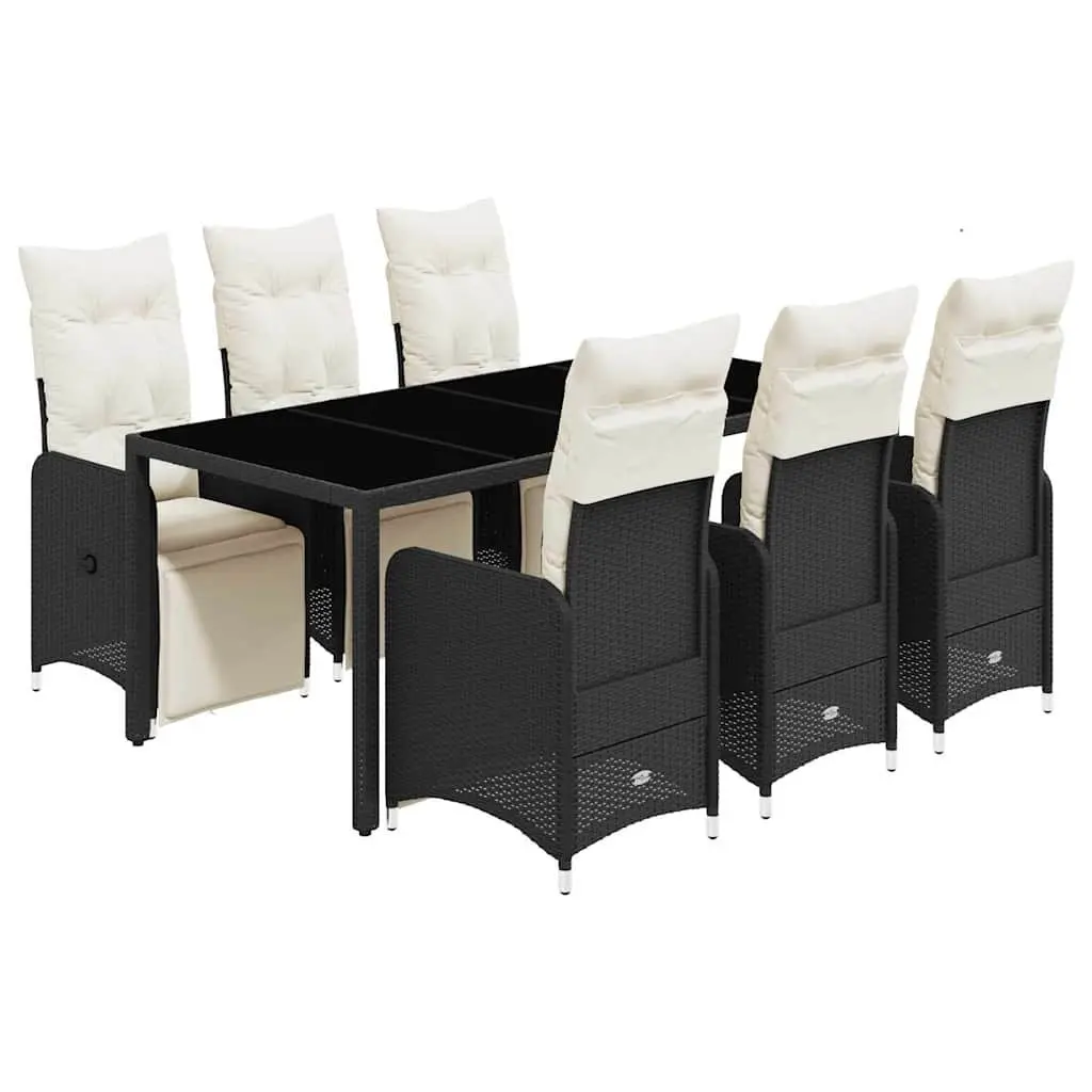 7 Piece Outdoor Bistro Set Garden Furniture Black Poly Rattan with Cushions