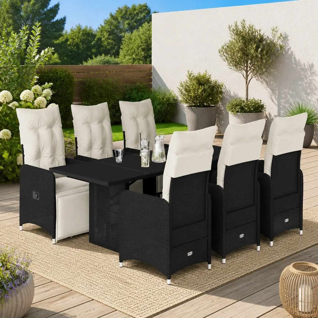 7 Piece Bistro Set Outdoor Furniture Cushioned Black Poly Rattan Garden