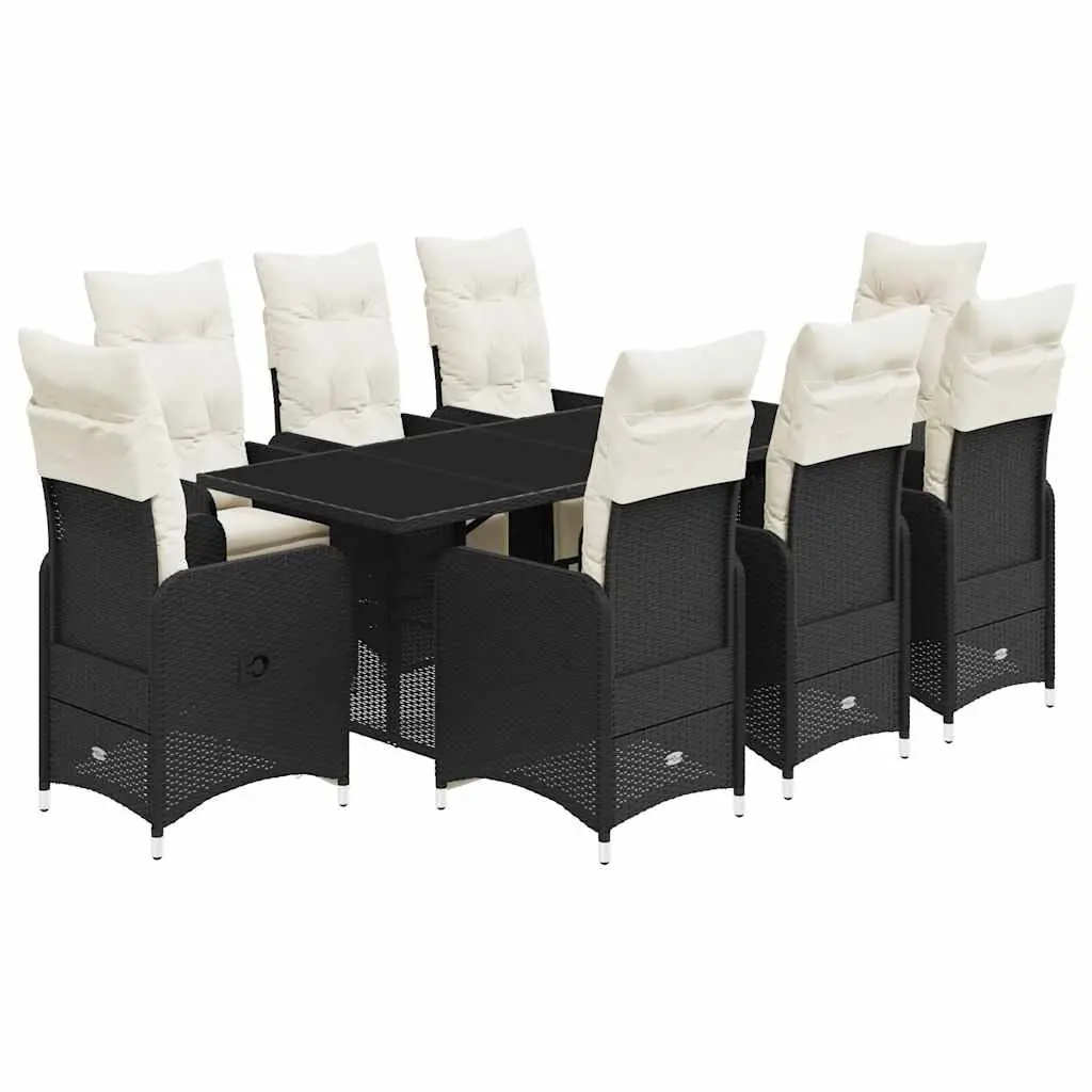 Garden Bistro Set 9 Piece Black Poly Rattan Durable Weather Resistant Chairs Table Cushions