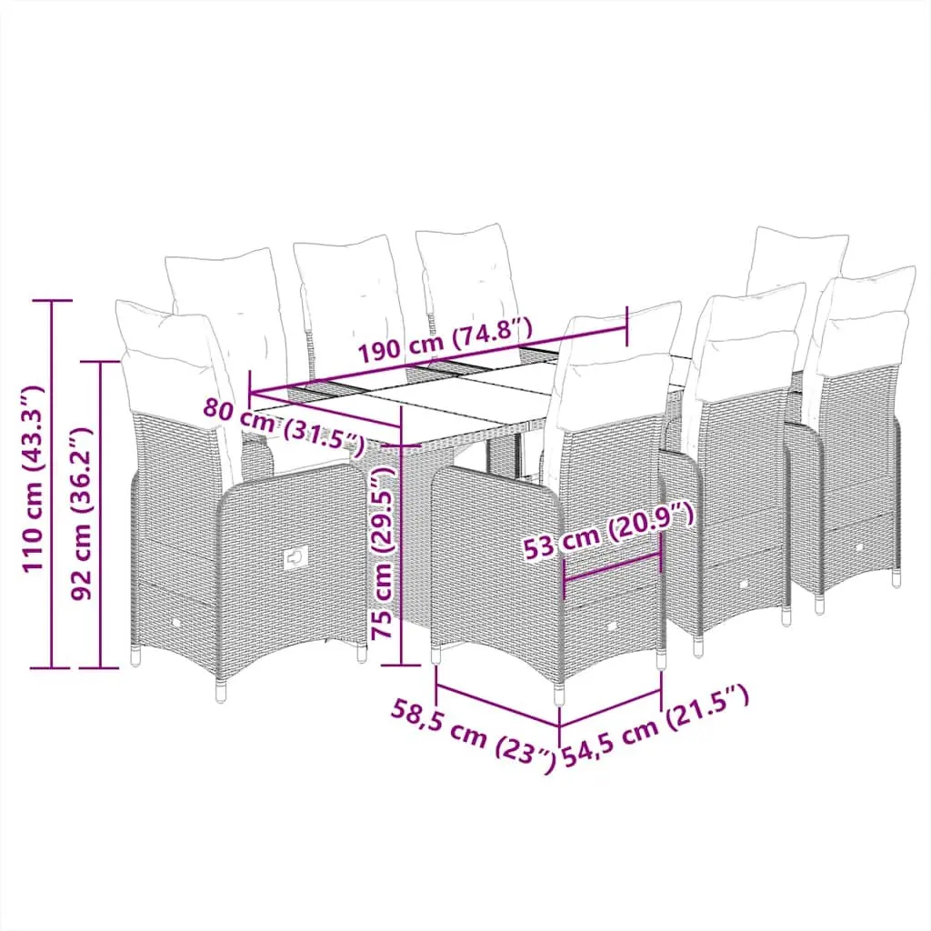 Garden Bistro Set 9 Piece Black Poly Rattan Durable Weather Resistant Chairs Table Cushions