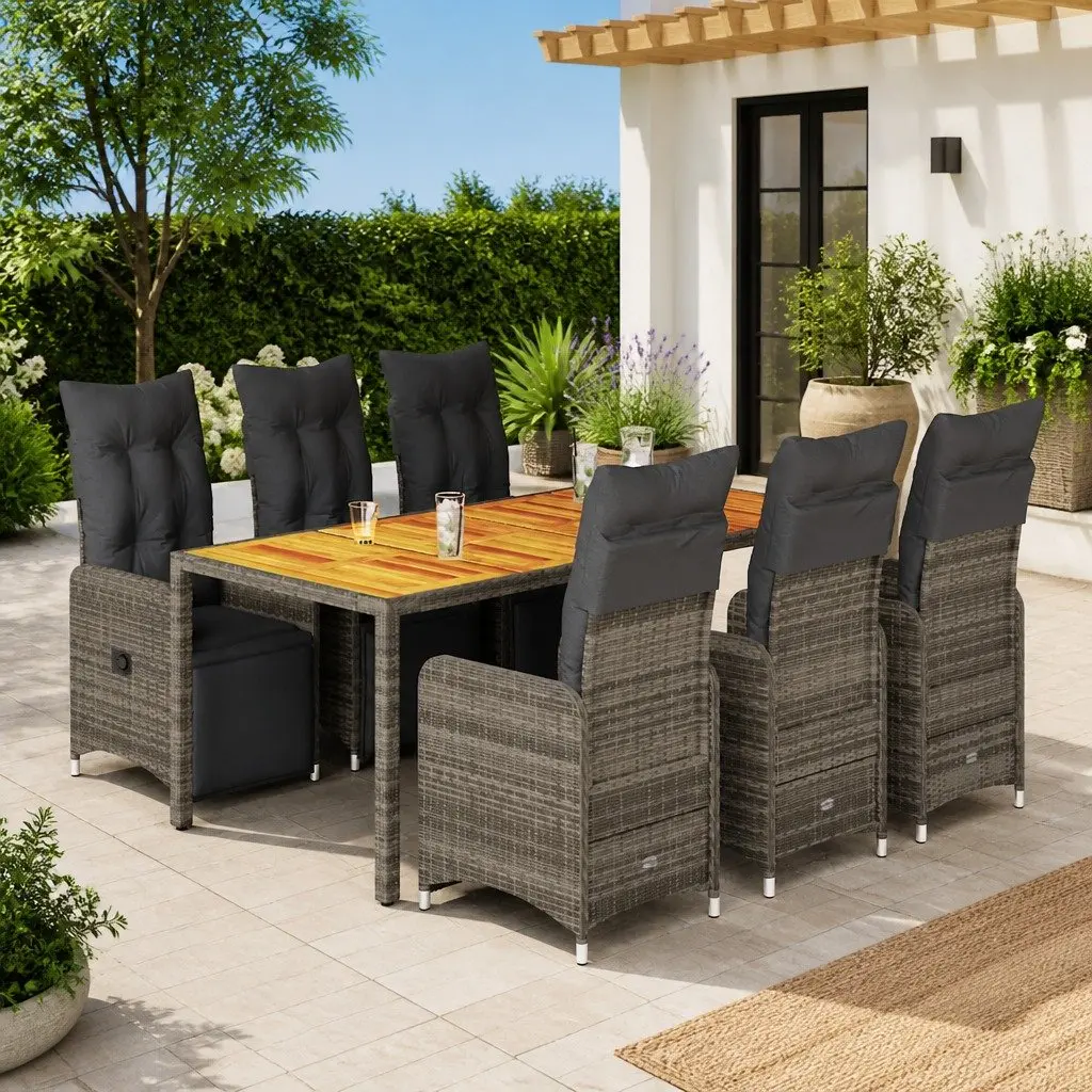7 Piece Bistro Set Garden Furniture Grey Rattan Cushions Adjustable Outdoor Dining and Relaxation