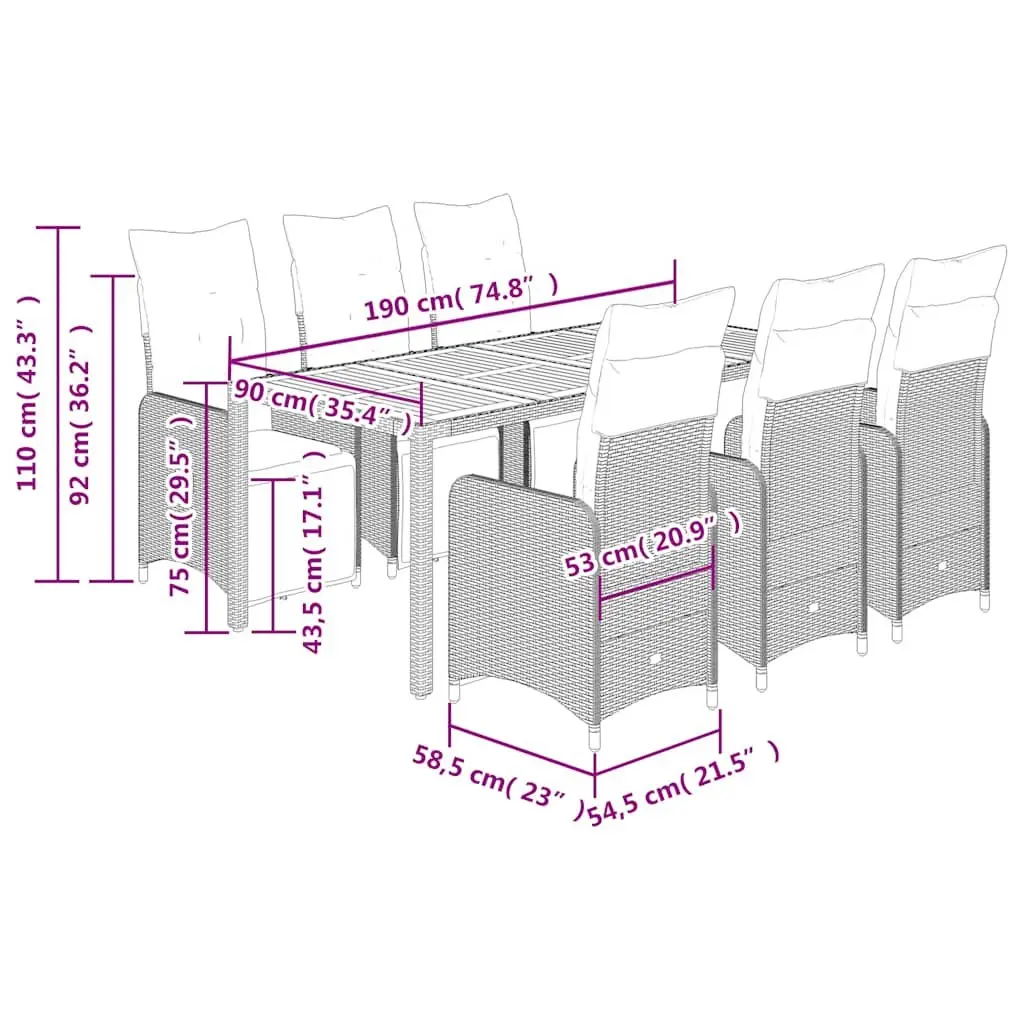 7 Piece Bistro Set Garden Furniture Grey Rattan Cushions Adjustable Outdoor Dining and Relaxation