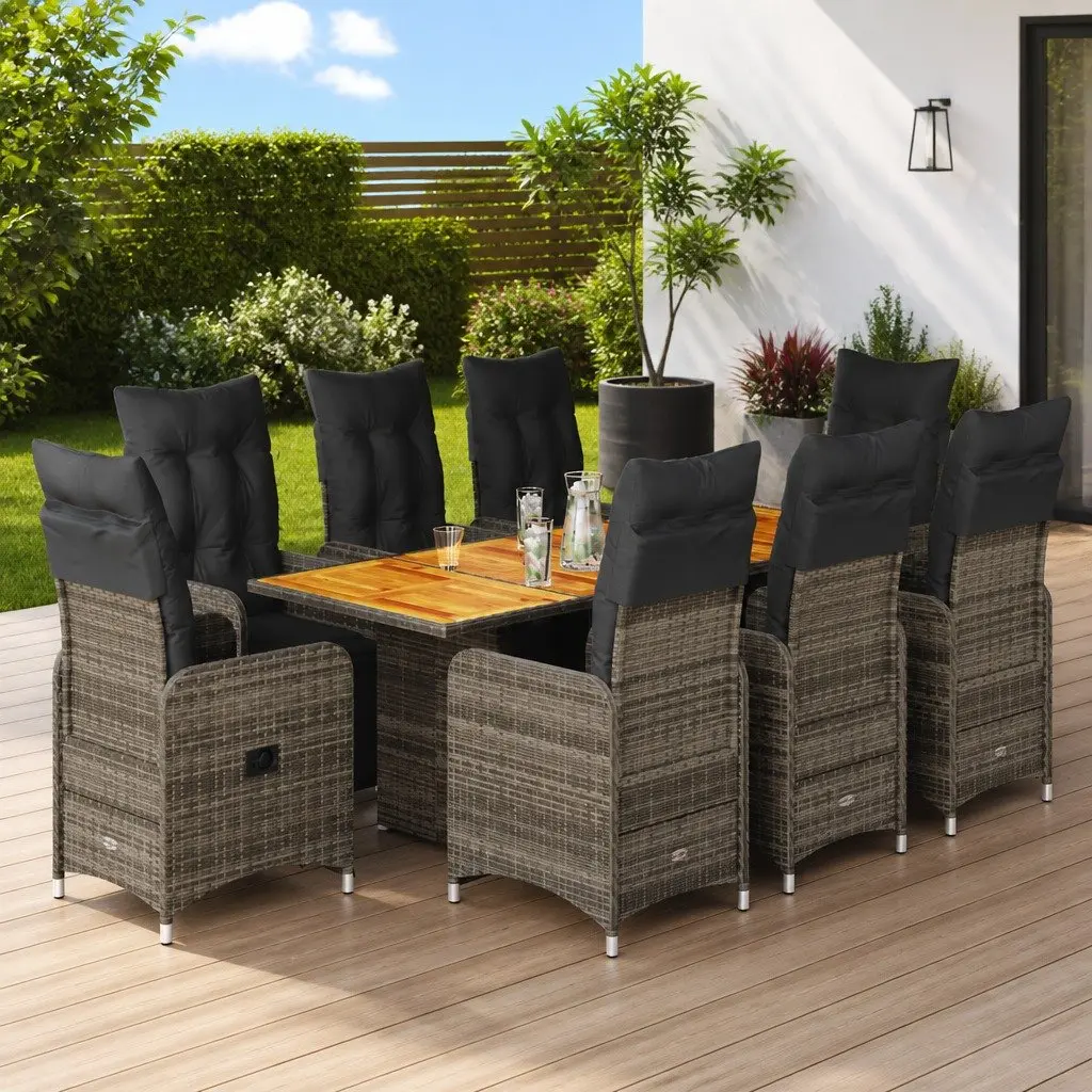 Outdoor Furniture Set 9 Piece Grey Rattan Dining Chairs Table for Garden Patio Balcony