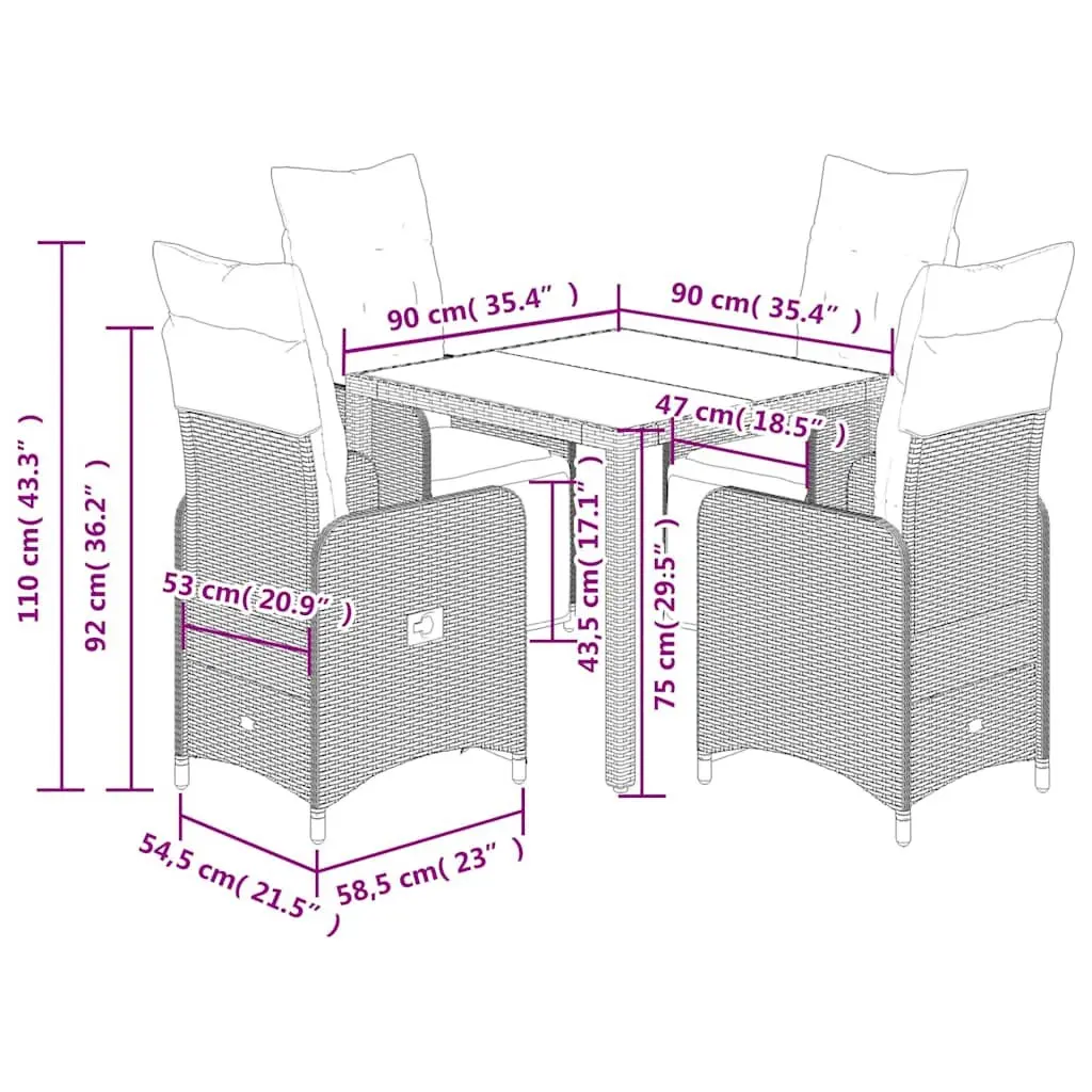 5 Piece Garden Bistro Set Grey Poly Rattan Outdoor Furniture with Cushions