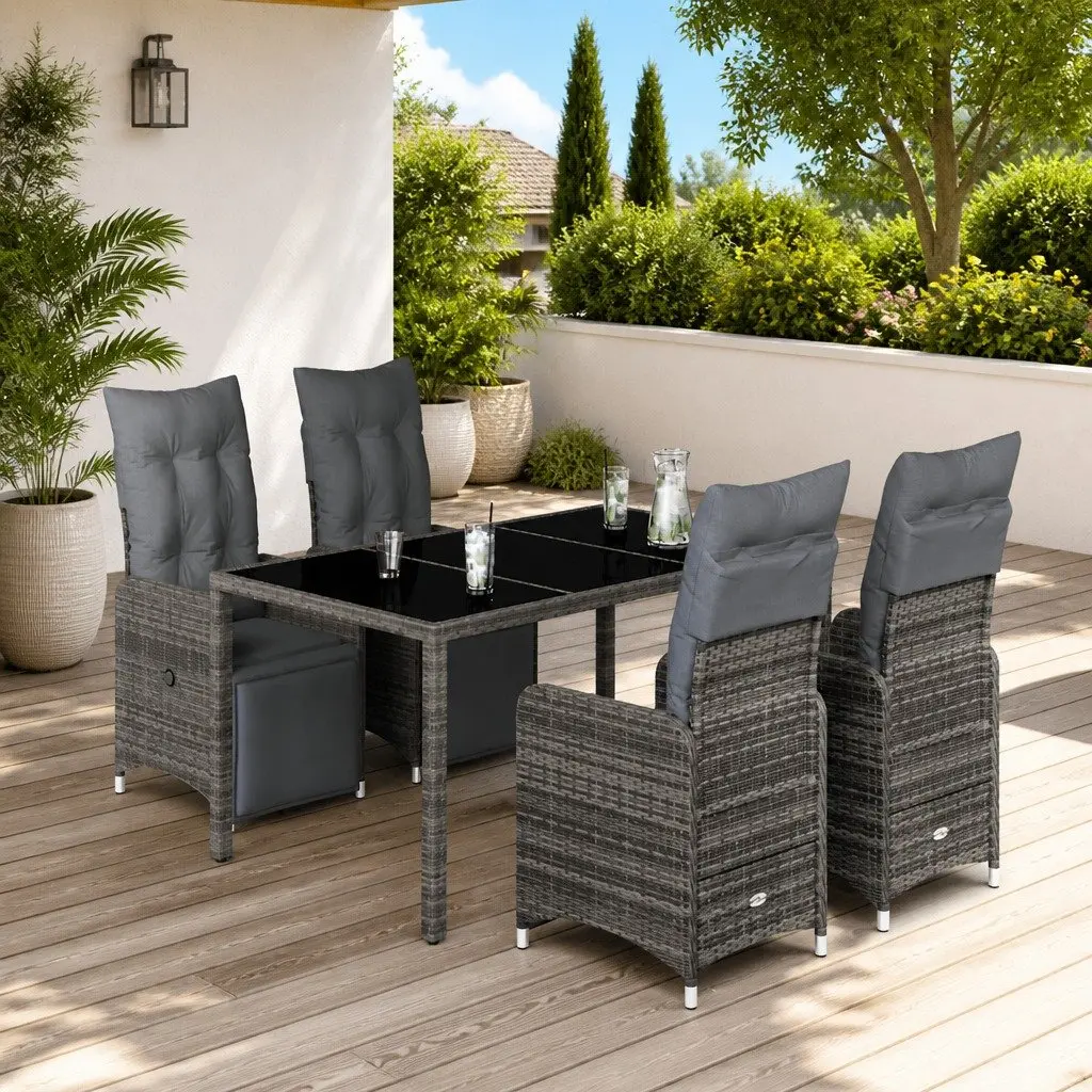 5 Piece Garden Bistro Set Outdoor Furniture Adjustable Backrest Grey Poly Rattan Cushions Glass Table