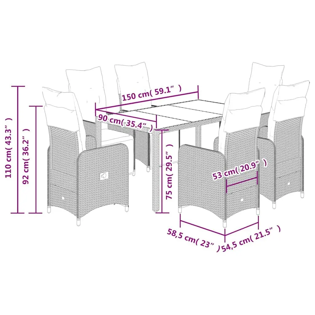 7 Piece Garden Bistro Set Grey Poly Rattan Outdoor Furniture Dining