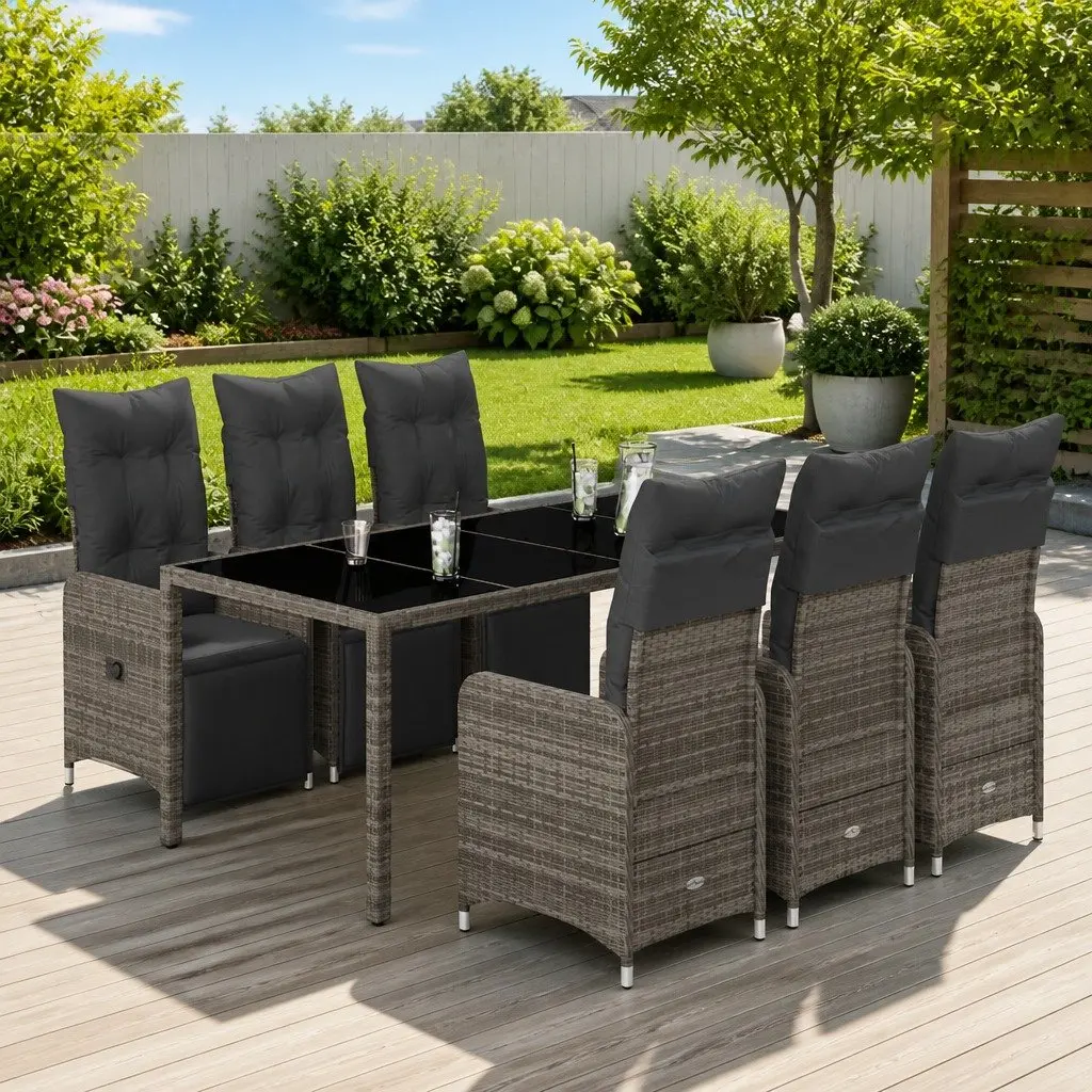 7 Piece Bistro Set Outdoor Furniture Adjustable Seating Grey Poly Rattan with Cushions