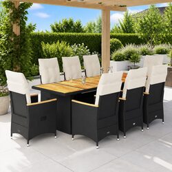 9 Piece Garden Bistro Set Outdoor Furniture Black Poly Rattan Cushions Patio