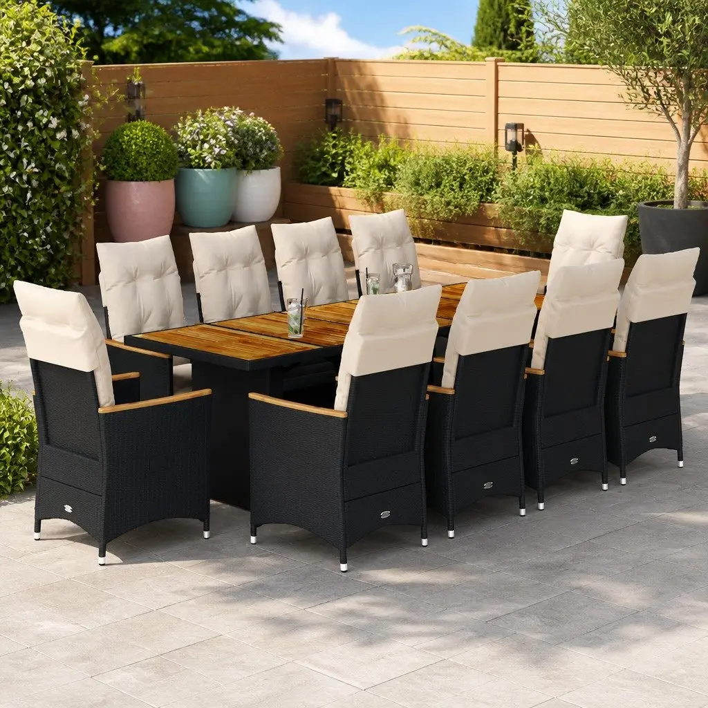 Bistro Set 11 Piece Outdoor Furniture Black Poly Rattan with Cushions Adjustable Seating Garden Patio