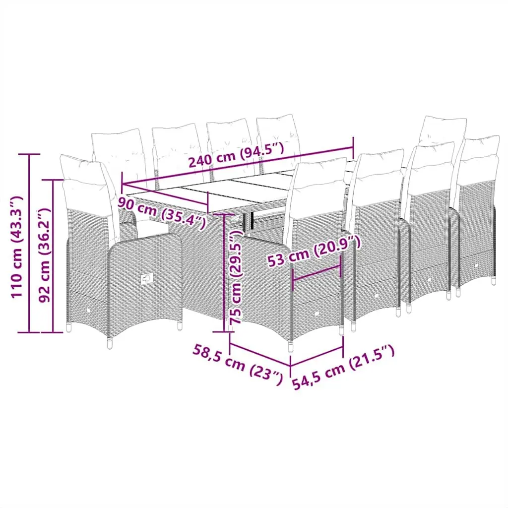 Outdoor Furniture Set 11 Pieces Garden Bistro Black Poly Rattan Cushions for Patio and Balcony