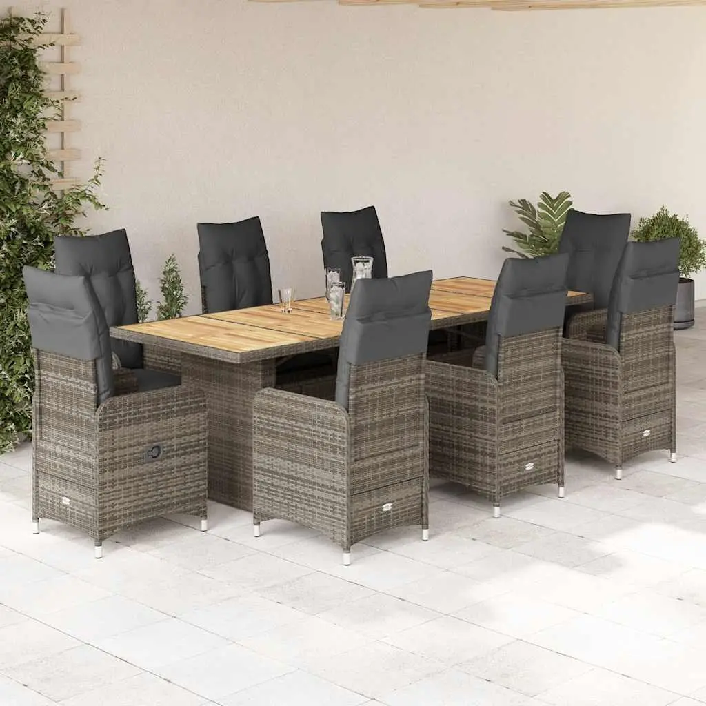 9 Piece Bistro Set Outdoor Furniture Cushioned Grey Poly Rattan