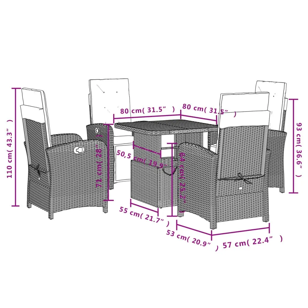 Garden Dining Set 5 Piece Outdoor Furniture Adjustable Table Black Rattan